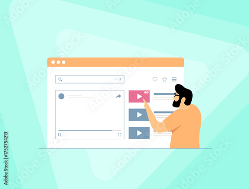 Suggested video ad - users with red ads thumbnail clicks in browser search windows. Optimizing targeted recommendations for higher interaction in digital marketing and content discovery illustration