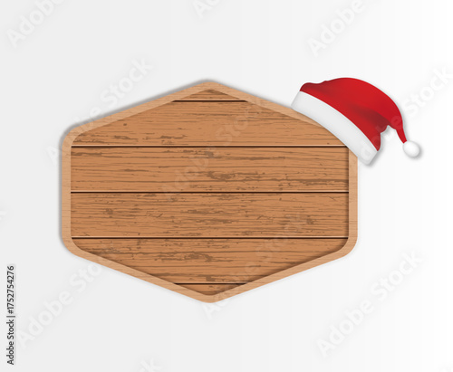 Wooden Hexagon Sign Board with Santa Hat on White Background - Copy Space