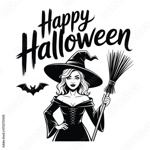 Happy Halloween Witch with Broom and Bat Illustration woman female