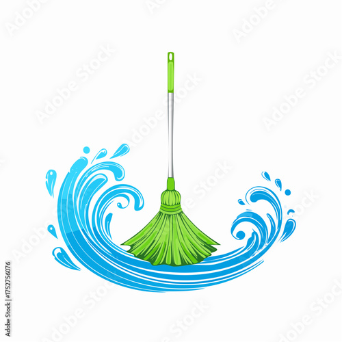 Green Mop with Water Splash Design Illustration.