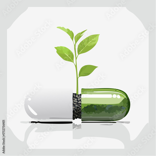 Green Plant Growing Inside a Medical Capsule Illustration.