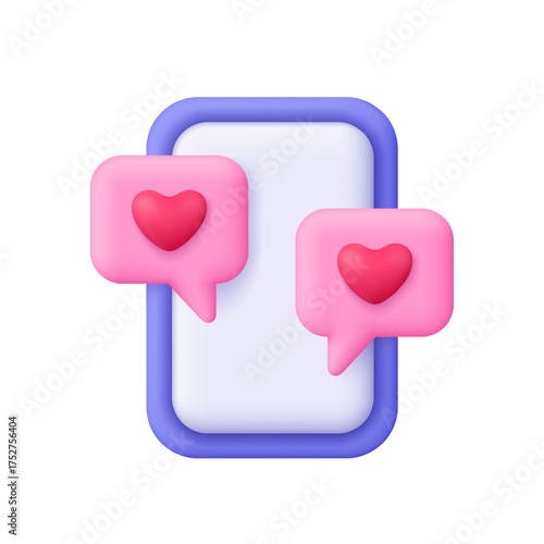 Smartphone with speech bubbles and hearts, romantic and flirt chat. Online dating, love messages, texting, social media and mobile communication concept. 3d vector icon. Cartoon minimal style.