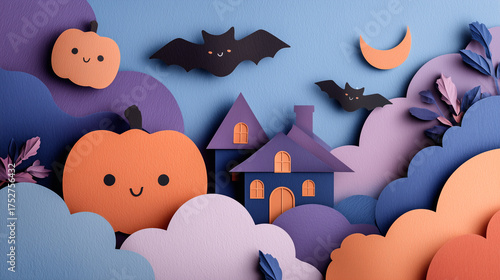 Beautiful paper craft background of Halloween festival with pumpkin and bats.