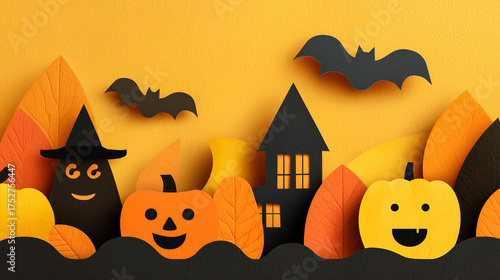 Beautiful paper craft background of Halloween festival with pumpkin and bats.