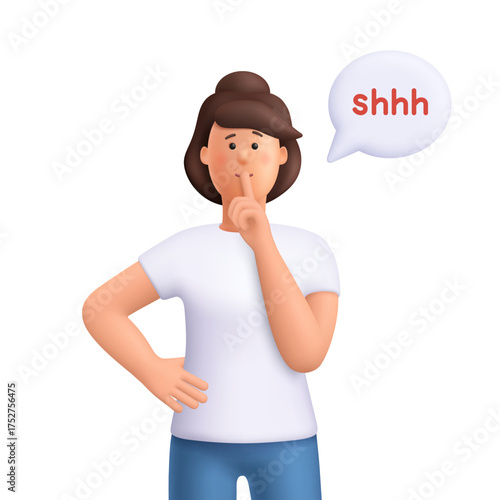 Young woman Jane making shushing gesture shhh. Quiet, secret, confidentiality, silence, privacy, and non disclosure concept. 3d vector people character. Cartoon minimal style.