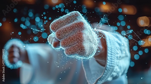 Futuristic Fist Bump with Digital Particles and Glowing Background.