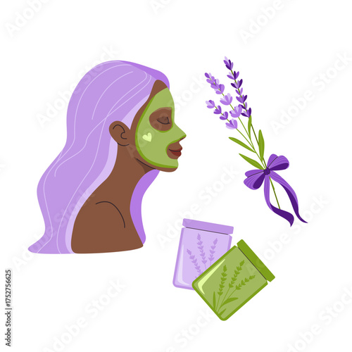 Woman with green face mask, lavender flowers, tied bows, spa products. Design for beauty blogs, skincare brands, self-care posters, wellness packaging.