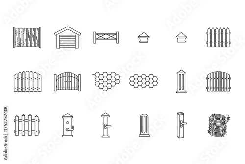Set of vector icons of fences, gates, garden doors, barriers, security posts, and barbed wire coil outline designs for construction, architecture, home and outdoor garden protection concepts