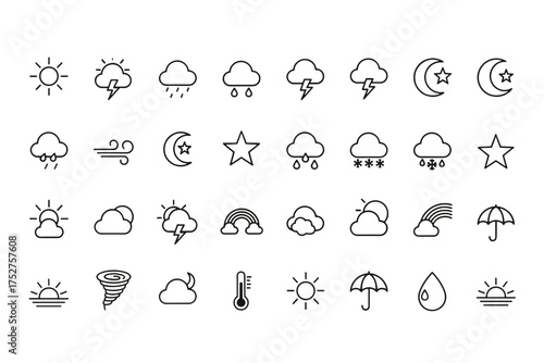 Weather icons set vector line art. Sun, cloud, rain, thunderstorm, snow, wind, moon, stars, rainbow, umbrella, tornado, thermometer symbols design for meteorology, forecast, climate