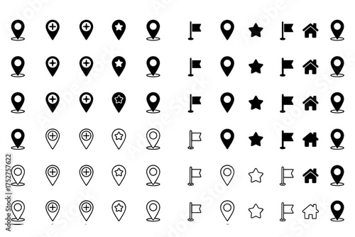 Navigation map markers location pins flags stars home icons vector set. GPS navigation symbols collection. Map pointer destination markers. Travel waypoint indicators. GIS mapping elements