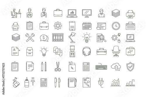 Office Tools and Business Icons Collection, Vector Outline Set of Work Essentials, Technology, Communication, Finance, Planning, and Productivity Symbols for Corporate Use