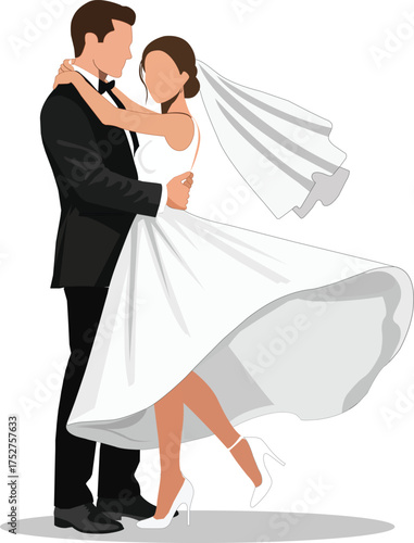 Bride and Groom Dancing in Loving Embrace Vector

