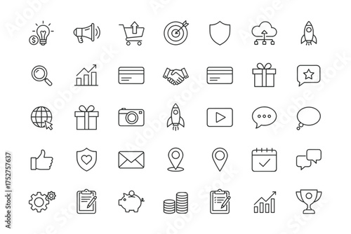 Business and marketing line icon set. Universal thin outline icons for web design, mobile app, e-commerce, finance, startup, strategy, communication, and social media.