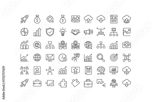 Universal thin line icons set for business, startup, finance. Vector pictograms for marketing, strategy, management, data analysis, growth, money, and web design.