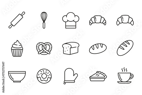 Bakery baking icons set. Line art vector collection of chef hat, rolling pin, whisk, croissants, cupcake, pretzel, bread loaf, baguette, dough bowl, donut, oven mitt, pie slice, hot coffee cup.