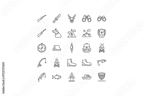 Hunting and fishing icon set. Outdoor camping and hiking adventure outline symbols. Vector collection of linear icons for hunter and fisher equipment, wildlife and nature.