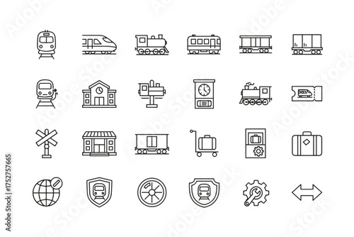Set of vector train and railroad icons including modern trains, steam locomotive, train station, railway crossing, ticket, baggage cart, and maintenance gear, transportation and travel concepts