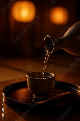 Elegant Pouring of Japanese Sake on Lacquer Tray
