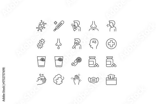 Cold and flu symptoms and treatment icon set. Sickness, illness, and virus prevention thin line icons. Fever, cough, runny nose, headache, medicine, face mask, hand washing.