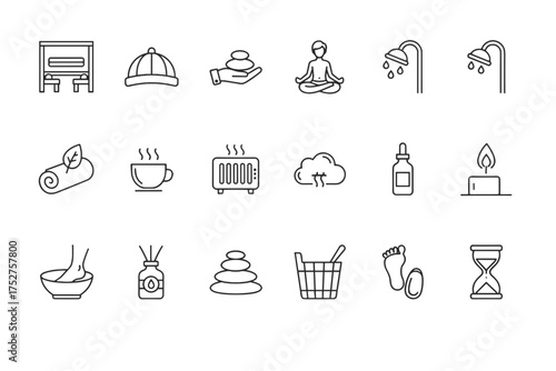 Spa and wellness thin line icons. Vector set for relaxation, meditation, sauna, aromatherapy, massage stones, foot bath, essential oil, candle, zen, and self-care concepts.