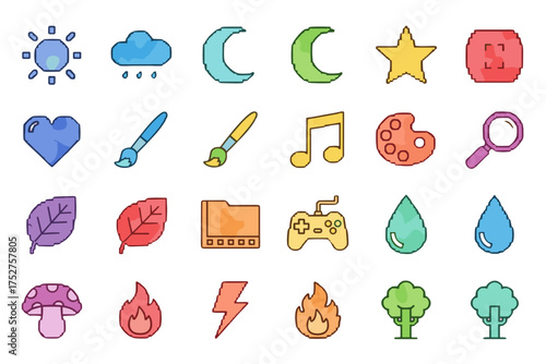 Set of pixel art icons with hand-drawn watercolor fill. Retro 8-bit video game style symbols. Weather, nature, art, gaming, and UI elements for creative design projects.