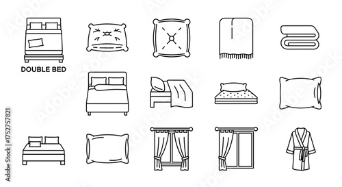 Bedroom furniture and home textile vector icon set. Includes double bed, pillows, blanket, mattress, window curtains, and bathrobe. Line art for sleep, comfort, interior design concepts.