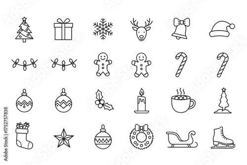 Christmas thin line icon set. Winter holiday symbols collection. Xmas graphic elements for design. Includes tree, gift, snowflake, reindeer, santa hat, gingerbread man, candy cane.