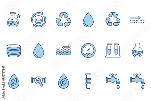 Water management icon pack. Line symbols for purification, quality test, recycling, conservation, plumbing, filtration, pressure, eco friendly liquid. Clean aqua resource vector set.