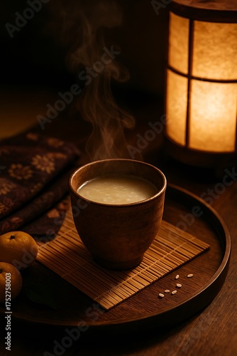 Warm Amazake Served beside Lantern on Wooden Table