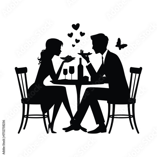 Silhouette of a couple having a romantic dinner with hearts and a butterfly date