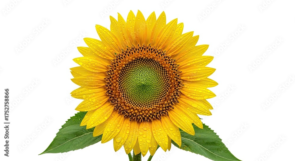 Fototapeta premium Bright Yellow Sunflower with Green Leaves Isolated