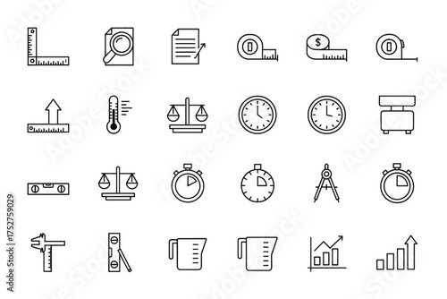 Measure and analysis thin line icon set. Vector symbols of measurement, data, time, weight, finance. Ruler, scale, clock, graph, thermometer, stopwatch, research icons.