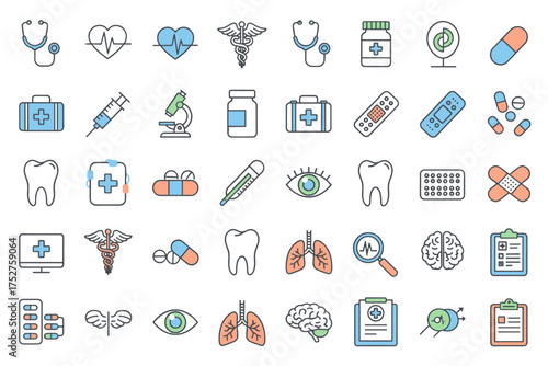 Medical and healthcare line icon set. Vector symbols for hospital, clinic, pharmacy. Collection of simple outline illustrations: heart, brain, lungs, tooth, pill, stethoscope.