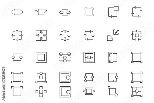 Vector line icon set for resize, crop, scaling, adjust size, move, aspect ratio, layout grid, selection editing, transform controls, alignment, reposition, design interface tools