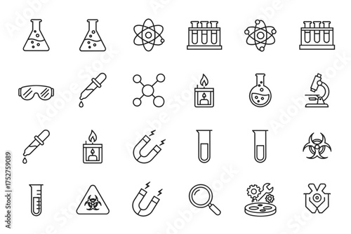 Science and chemistry thin line icon set. Laboratory research and experiment symbols. Education and biology concepts. Vector pack with atom, flask, microscope, and molecule.