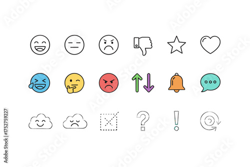 Emoji emoticon icon set for customer feedback and rating survey. Social media UI icons like smile, sad, angry, thumbs up, down, star, heart. Chat and notification symbols.