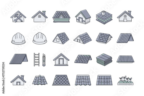 Roofing construction vector icon set. Symbols for roof repair, house building, and home improvement. Roofer tools and materials like shingles, tiles, and metal roofing elements.