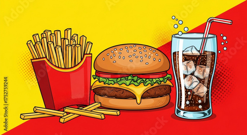 A tempting spread of classic fast food favorites, featuring a juicy burger, crispy fries, and a refreshing cola drink on vibrant background