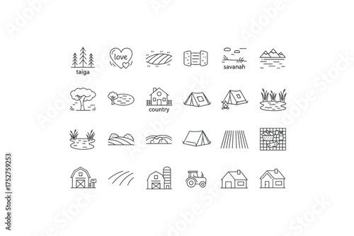 Rural life and outdoor recreation linear icons set. Countryside farming and nature symbols. Camping, hiking, agriculture, village landscape elements. Taiga, farm vector signs.