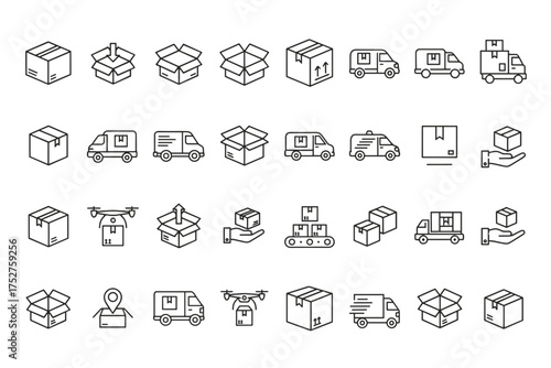 Delivery and shipping icon set. Logistics and transportation vector line icons. Package, box, truck, van, drone for e-commerce. Order fulfillment and distribution symbols.