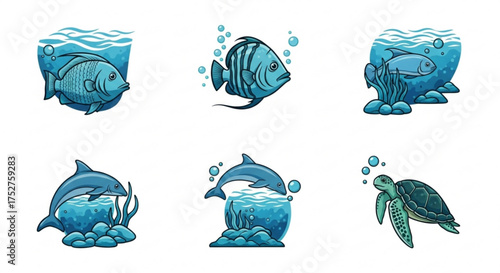 Collection of marine animals in cartoon style, including fish, dolphin, and turtle in blue color