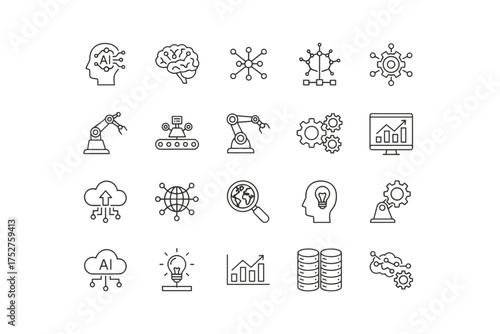 Artificial intelligence line icon set. Concepts of machine learning, robotics, automation and big data. Vector icons for technology, innovation, and future industry 4.0.