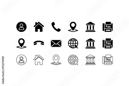 Contact us icons vector set for web and business card design. User, home, address, phone, mail, location, globe, bank and fax symbols. Pictogram collection in glyph and outline style.