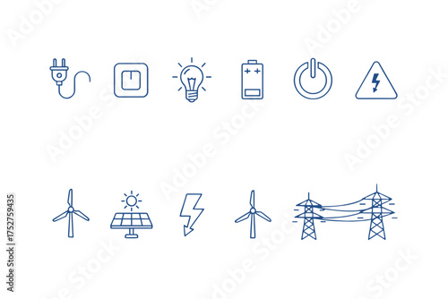 Power and energy vector line icon set. Electricity symbols. Renewable, green energy concept. Solar panel, wind turbine, power grid, battery, plug, light bulb, voltage sign.