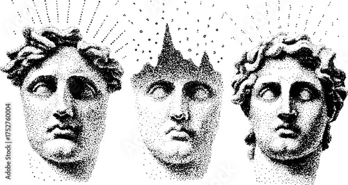 Head sculptures in classical art style. Black and white vector illustration with a dot texture and geometric design elements.