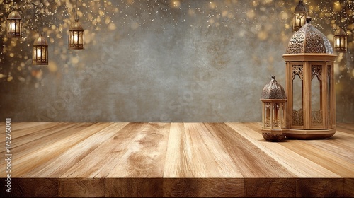Serene ramadan background featuring wooden table and ornate lantern, evoking a sense of peace and spiritual reflection
