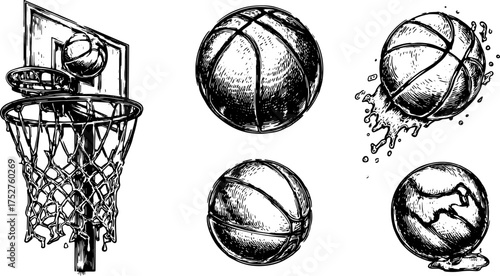 Basketball in sketch style, featuring a hoop and ball. Black and white vector illustration set depicting various actions and movements.