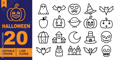 Halloween line Editable Icons set. Vector illustrations in a modern, thin line style of spooky holiday related icons: ghost, bat, pumpkin, dan more.