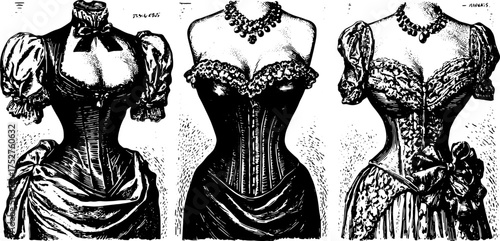Vintage corset vector illustration featuring intricate lace details. This antique print showcases fashionable women's clothing in a refined set.