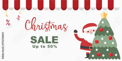 Christmas sale banner concept. Advertising marketing campaign. Cute Santa Claus with discount promotion and Christmas tree vector illustration flat design.